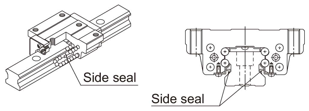 Side seals are particularly useful when linear guides are mounted laterally, vertically or upside-down. Side seals are particularly useful when linear guides are mounted laterally, vertically or upside-down.