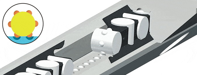 anti-creep device uses a studded center roller that engages with indentations in the rail to keep the cage properly centered.